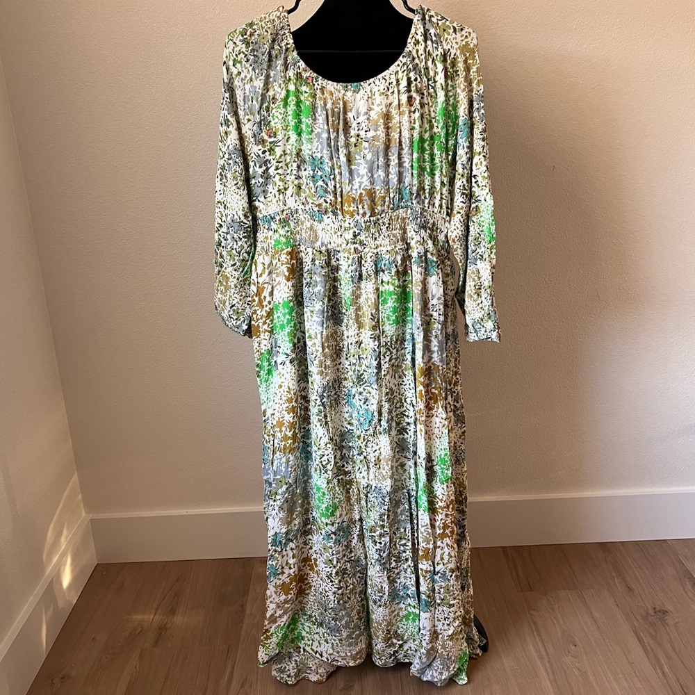 Long Sleeve Maxi Dress in Green and Neutral Abstract Print